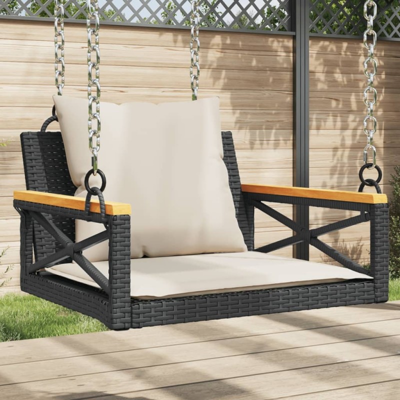 Balancelle avec coussins noir 63x62x40 cm résine tressée 557380557380