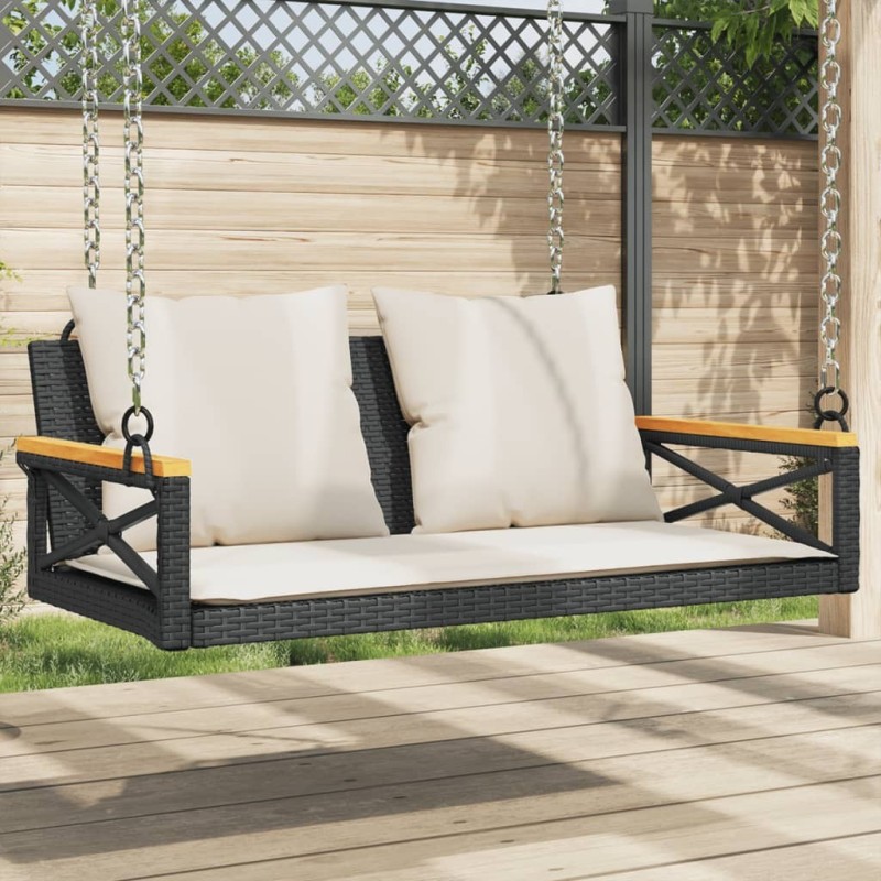 Balancelle avec coussins noir 109x62x40 cm résine tressée 557387557387