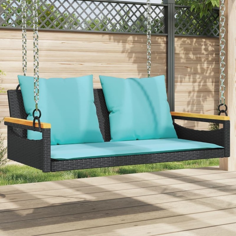 Balancelle avec coussins noir 109x62x40 cm résine tressée 557396557396