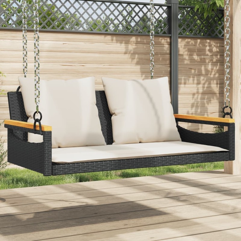 Balancelle avec coussins noir 109x62x40 cm résine tressée 557475557475