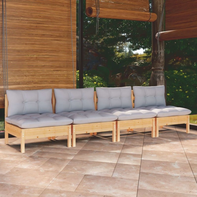 Canapé 4 places de jardin et coussins gris Bois de pin solide 557506557506