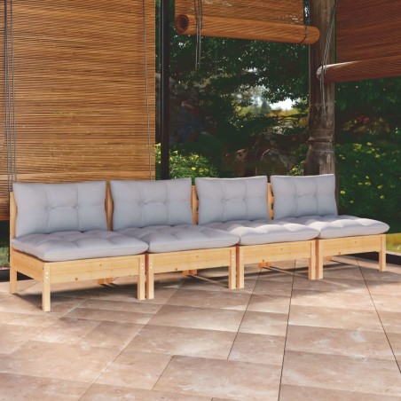 Canapé 4 places de jardin et coussins gris Bois de pin solide 557506557506