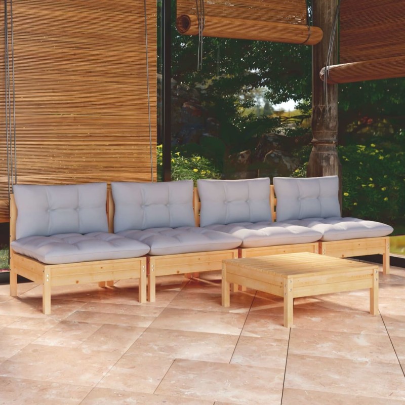 Salon de jardin 5 pcs avec coussins gris bois de pin 557531557531