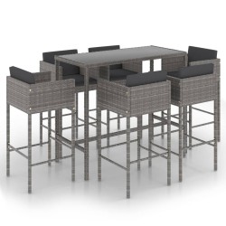 Ensemble de bar de jardin 7 pcs et coussins Résine tressée Gris 557535557535
