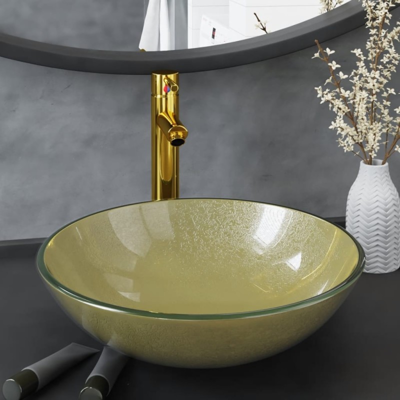 Lavabo de bain avec robinet et drain à poussoir Verre trempé 557549557549