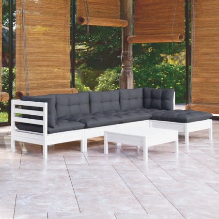 Salon de jardin 6 pcs avec coussins blanc bois de pin 557558557558
