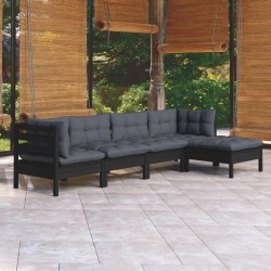 Salon de jardin 5 pcs avec coussins Noir Bois de pin 557559557559