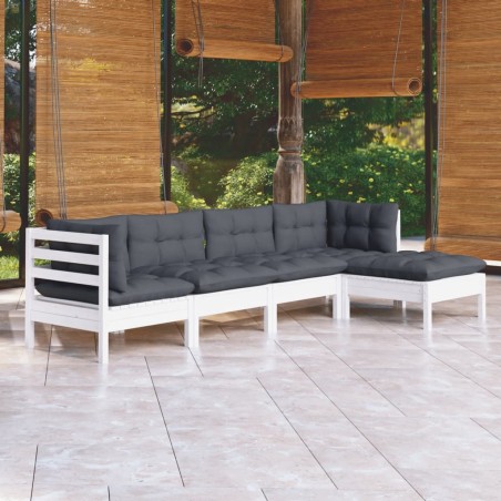 Salon de jardin 5 pcs avec coussins blanc bois de pin 557561557561