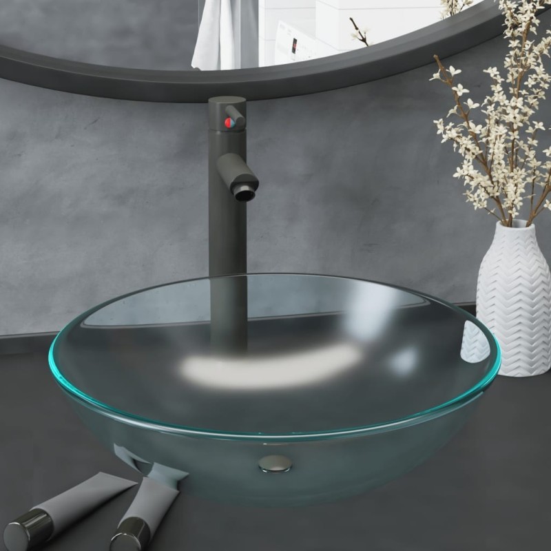 Lavabo de bain avec robinet et drain à poussoir Verre trempé 557567557567