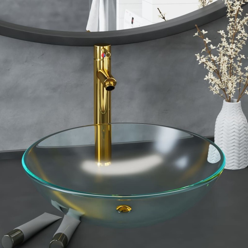 Lavabo de bain avec robinet et drain à poussoir Verre trempé 557568557568