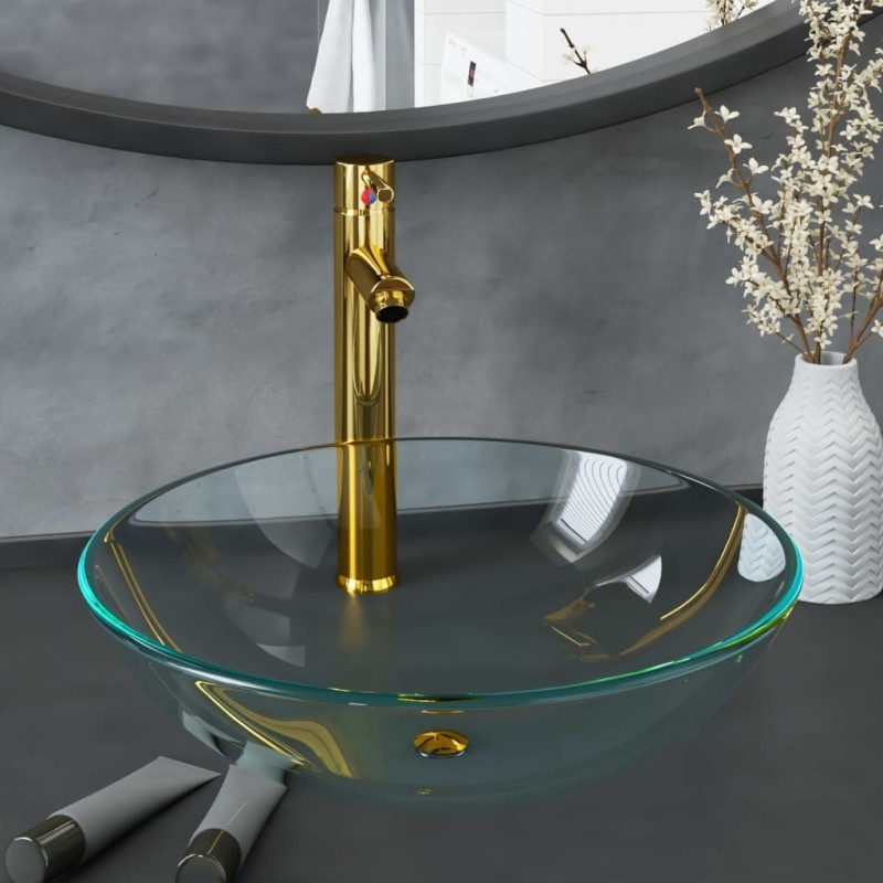 Lavabo de bain avec robinet et drain à poussoir Verre trempé 557570557570
