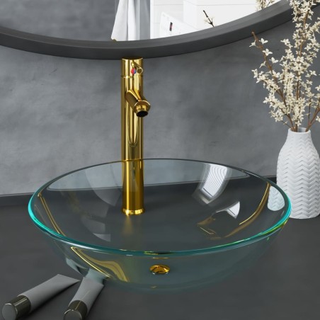 Lavabo de bain avec robinet et drain à poussoir Verre trempé 557570557570