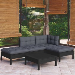 Salon de jardin 5 pcs avec coussins Noir Bois de pin 557571557571