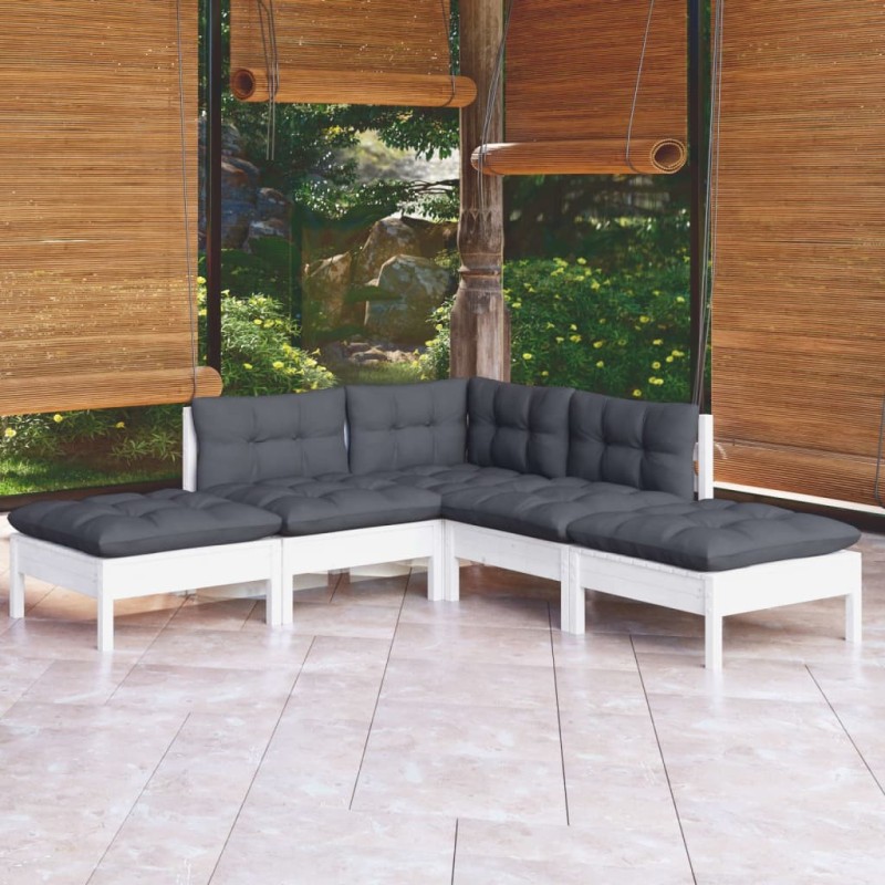 Salon de jardin 5 pcs avec coussins blanc bois de pin 557576557576