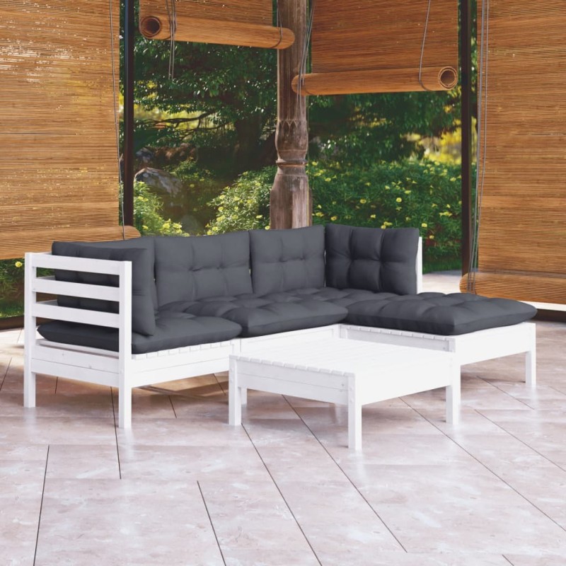 Salon de jardin 5 pcs avec coussins blanc bois de pin 557577557577