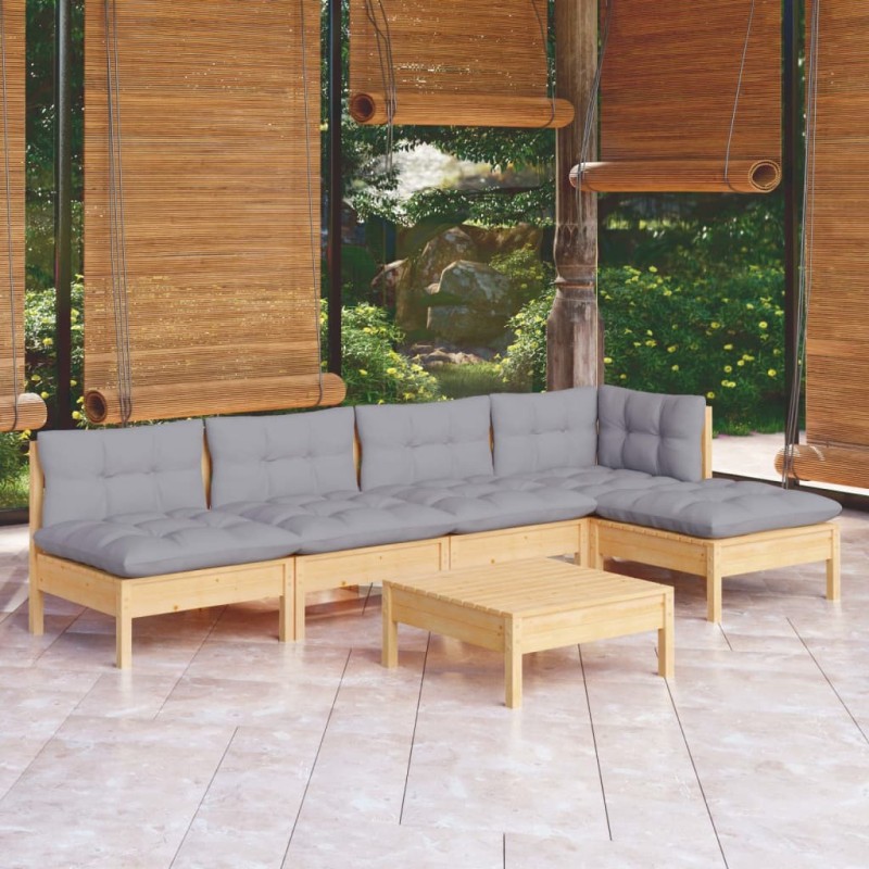 Salon de jardin 6 pcs avec coussins gris bois de pin 557578557578
