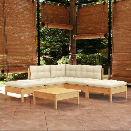 Salon de jardin 6 pcs avec coussins crème bois de pin 557585557585