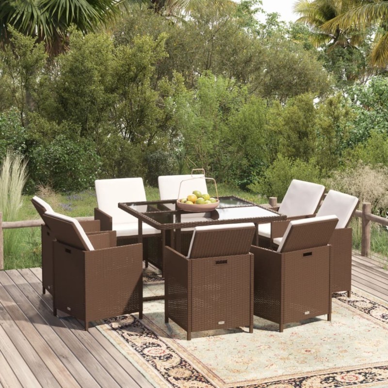 Ensemble à manger de jardin et coussins 9 pcs Poly rotin Marron 557669557669