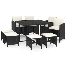 Ensemble à manger de jardin coussins 9pcs Résine tressée Noir 557670557670
