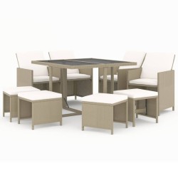 Ensemble à manger de jardin et coussins 9 pcs Poly rotin Beige 557672557672
