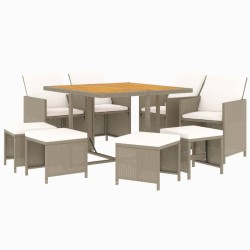Ensemble à manger de jardin et coussins 9 pcs Poly rotin Beige 557712557712