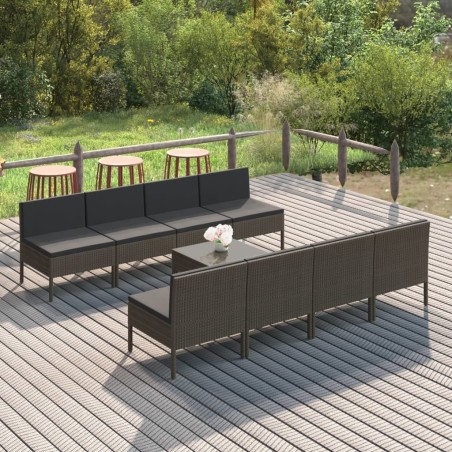 Salon de jardin 9 pcs avec coussins Résine tressée Gris 557759557759
