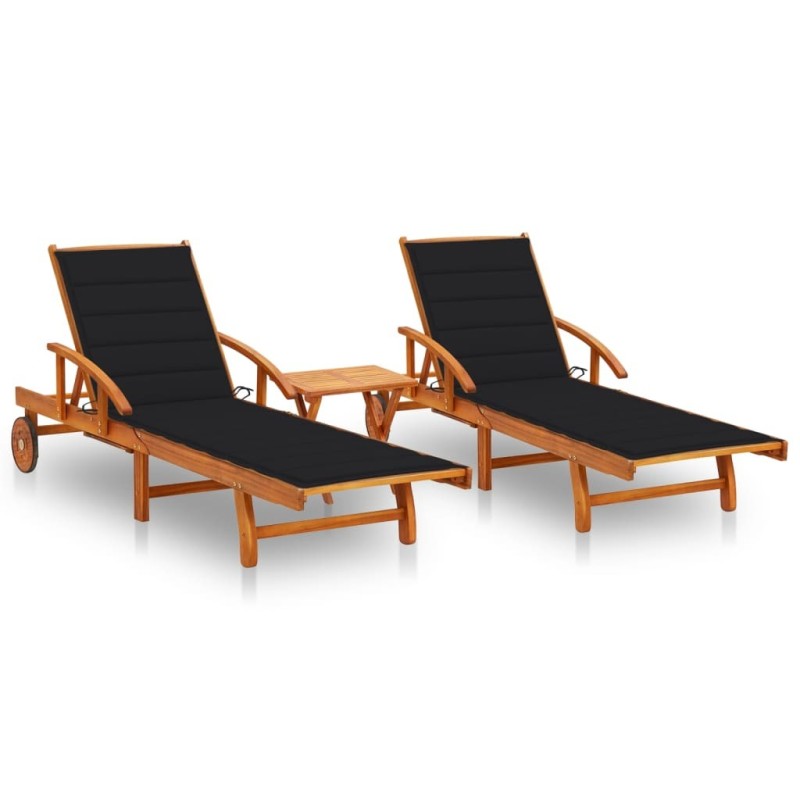 Chaises longues lot de 2 avec table et coussins Acacia solide 558316558316