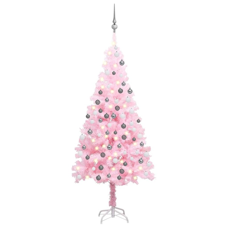 Arbre de Noël artificiel pré-éclairé et boules rose 150 cm PVC 558332558332