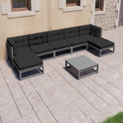 Salon de jardin 8 pcs avec coussins Gris Bois de pin massif 558343558343