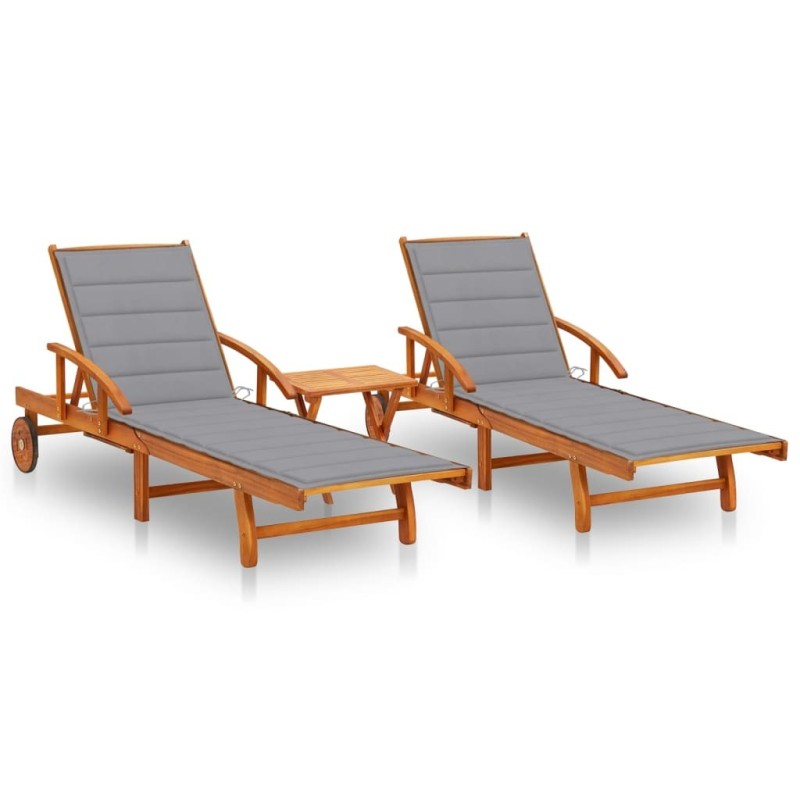 Chaises longues lot de 2 avec table et coussins Acacia solide 558355558355