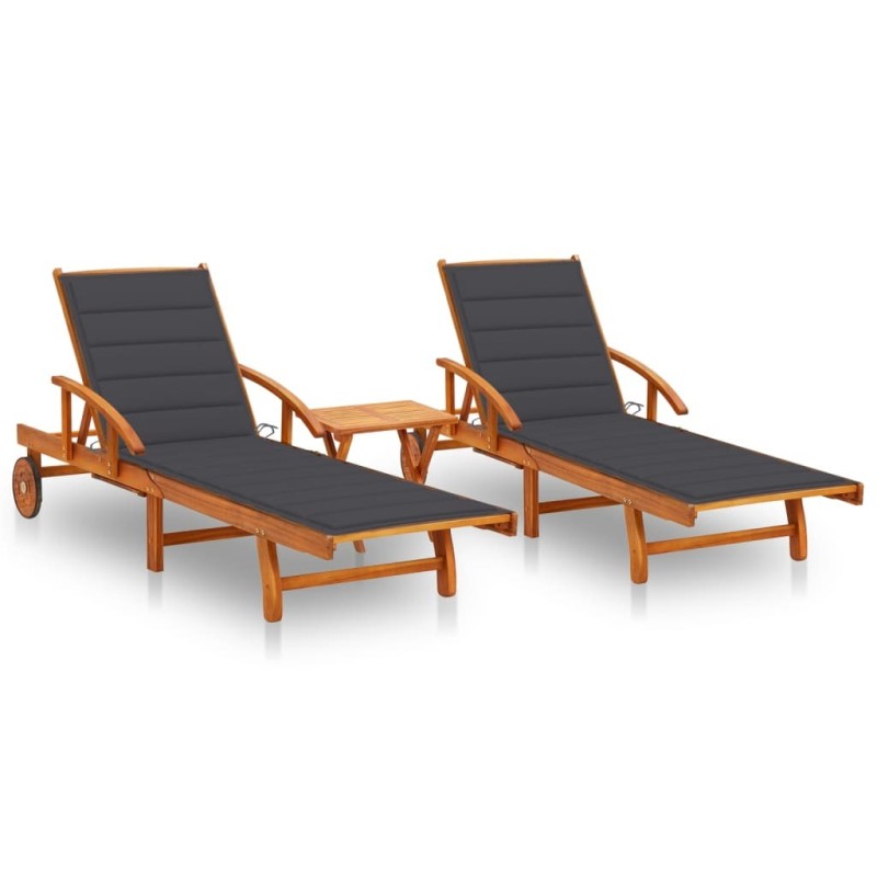 Chaises longues lot de 2 avec table et coussins Acacia solide 558356558356