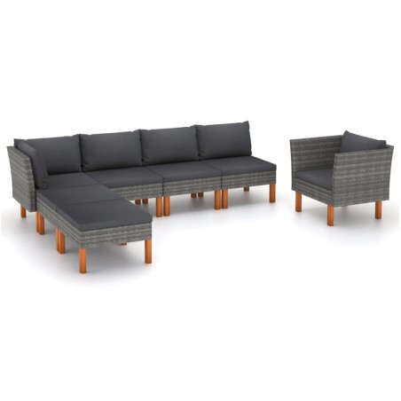 Salon de jardin 7 pcs Résine tressée et bois d'eucalyptus Gris 558364558364