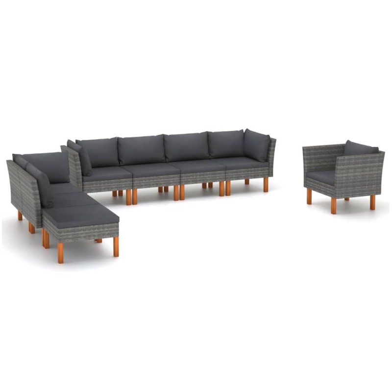 Salon de jardin 8 pcs Résine tressée et bois d'eucalyptus Gris 558366558366