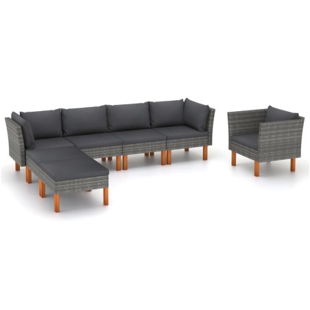 Salon de jardin 7 pcs Résine tressée et bois d'eucalyptus Gris 558384558384