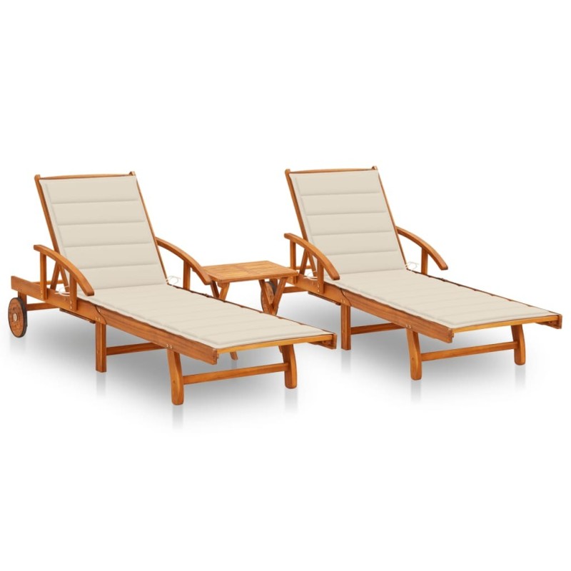 Chaises longues lot de 2 avec table et coussins Acacia solide 558386558386