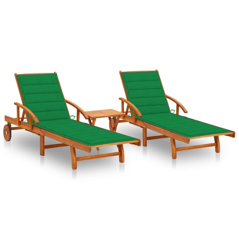Chaises longues lot de 2 avec table et coussins Acacia solide 558395558395