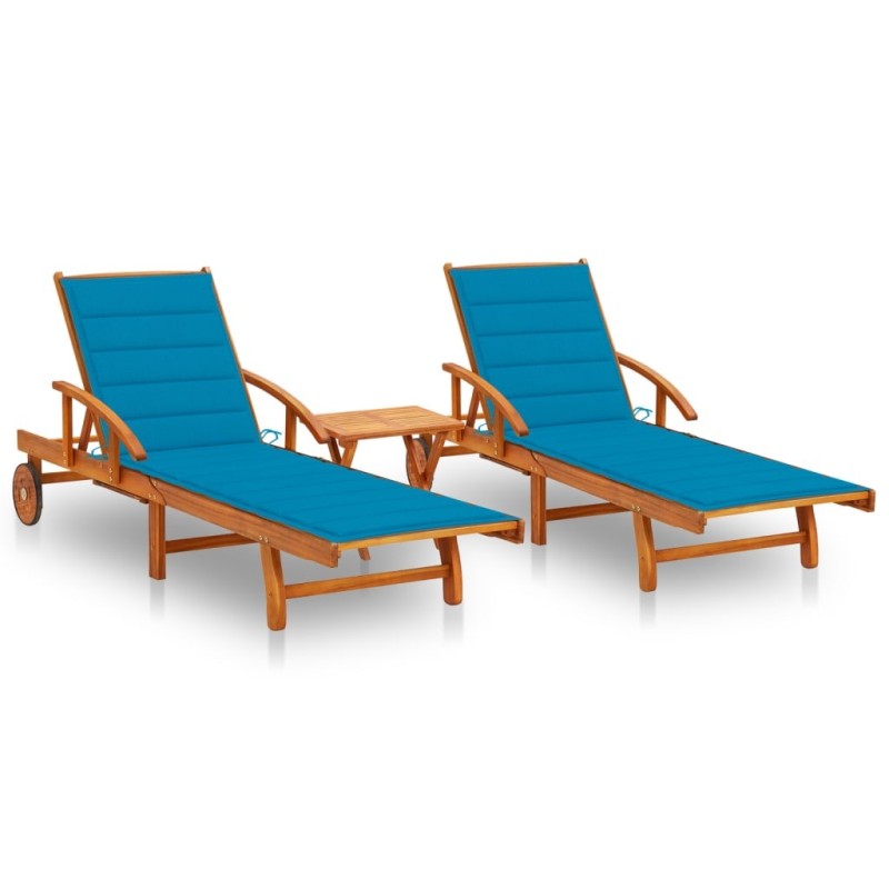 Chaises longues lot de 2 avec table et coussins Acacia solide 558396558396