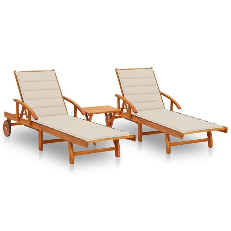 Chaises longues lot de 2 avec table et coussins Acacia solide 558397558397