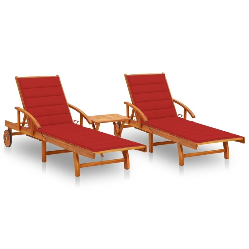 Chaises longues lot de 2 avec table et coussins Acacia solide 558398558398