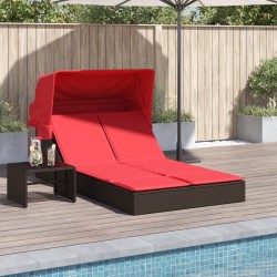 Chaise longue double avec auvent et coussins marron poly rotin 559660559660