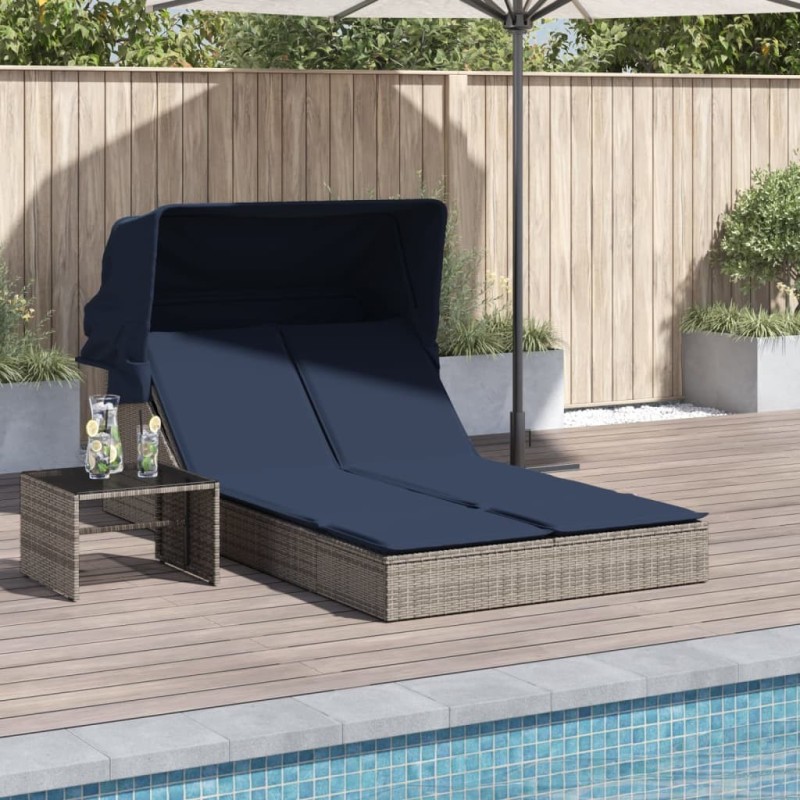 Chaise longue double et auvent et coussins gris résine tressée 559669559669