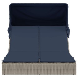 Chaise longue double et auvent et coussins gris résine tressée 559669559669