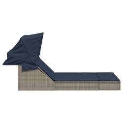 Chaise longue double et auvent et coussins gris résine tressée 559669559669