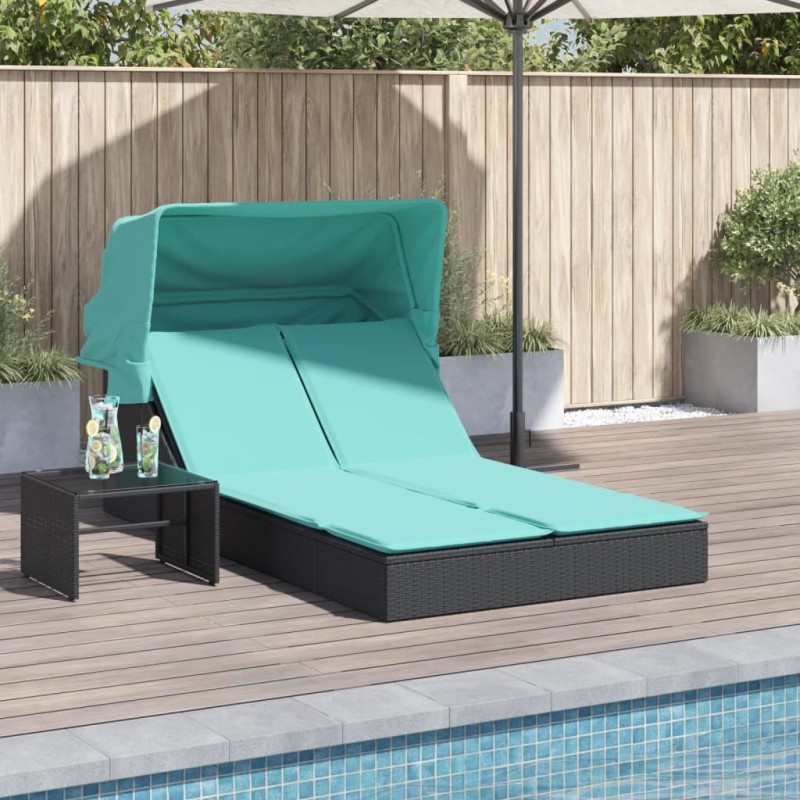 Chaise longue double et auvent et coussins noir résine tressée 559670559670