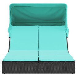 Chaise longue double et auvent et coussins noir résine tressée 559670559670