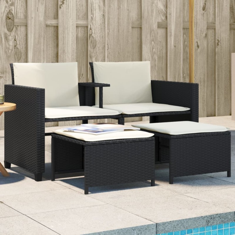 Canapé de jardin 2 places avec table et tabourets noir rotin 560861560861