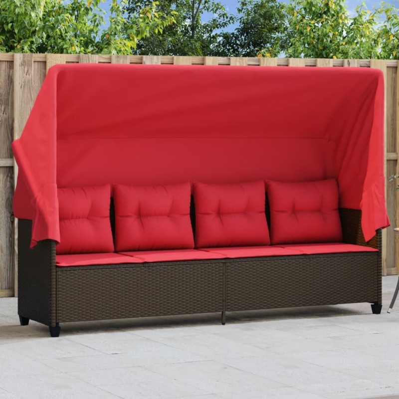 Chaise longue avec auvent et coussins marron résine tressée 560938560938
