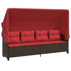 Chaise longue avec auvent et coussins marron résine tressée 560938560938