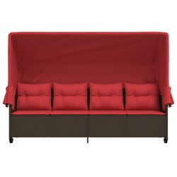 Chaise longue avec auvent et coussins marron résine tressée 560938560938