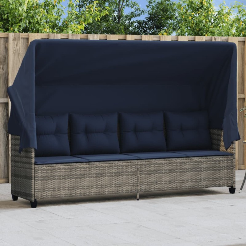 Chaise longue avec auvent et coussins gris résine tressée 560939560939